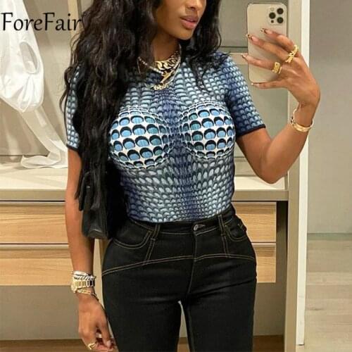 Forefair Summer Snake Print Crop Top O Neck Short Sleeve Fashion Sexy Y2k Tee Blue Women 2021 Casual T shirt Vintage