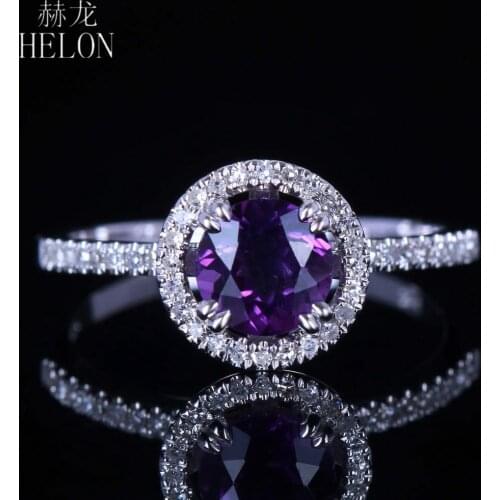 HELON Solid 10K White Gold Round Genuine Natural Amethyst Ring Natural Diamonds Engagement Wedding Ring Women Exquisite Jewelry