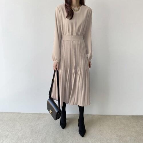 Korean Long Sleeve Pleated Dress for Women 2021 New Black O-neck Long Dress Autumn Chic Office Ladies Dress Vestidos Femme