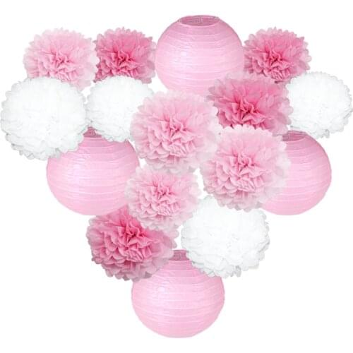 1set Pink Blue Red lampion Chinese Round Paper Lantern Paper Flower Ball Pom Pom For Wedding Birthday Party Hanging Decoration