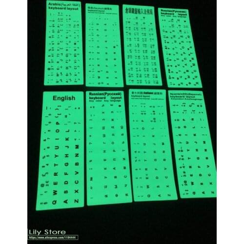 30pcs/lot Luminescent keyboard stickers Russian Spanish Japanese Arabic Thai Hebrew French Korean Glowing Lumious laptop desktop