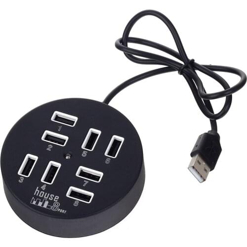 8-Port USB 2.0 Portable Data Hub with 60cm USB Cable, Round USB 2.0 Hub Splitter Data Transfer for Desktop Laptop, White, Black