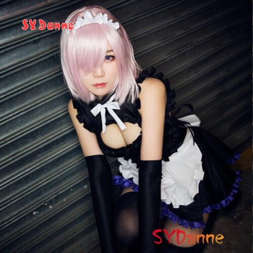 Anime Fate Grand Order Mash Kyrielight Sexy Tube Tops Maid Apron Dress Uniform Outfit Cosplay Costumes with wig