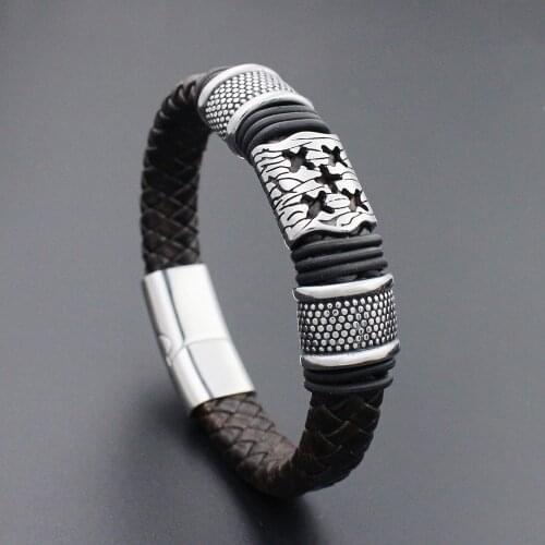 12MM Wide Braided Retro Genuine Leather Bracelet For Men Stainless steel X Bead Bracelets with Magnet Clasp