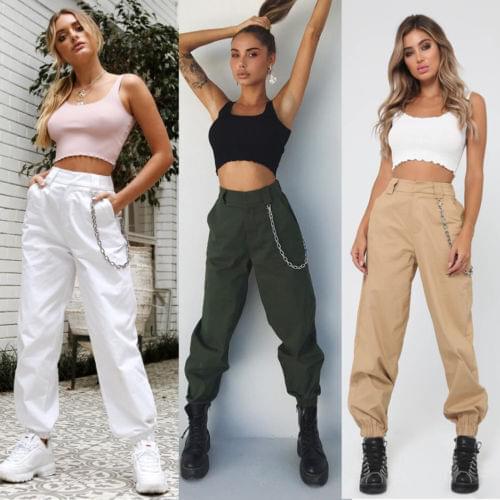 Hirigin Women High Waist Cargo Pants with Pockets Solid Color Loose Jogger Trousers Casual Fashion Harajuku Hip-Pop Sweatpants