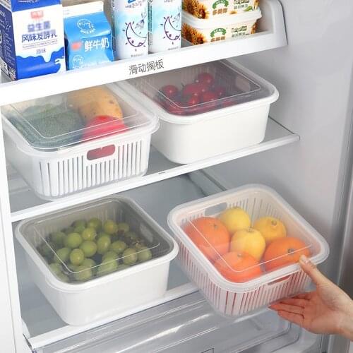 Double-Layer Drain Basket Square Refrigerator Fresh-Keeping Box Plastic Kitchen Fruit Storage Basket With Lid