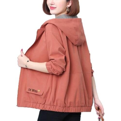 Womens Spring Autumn Jacket Coat Korean Short Hooded Zipper Windbreaker Outerwear Large Size Pocket Casual Tops Female 4XL W605