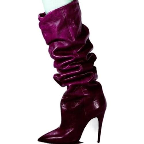 Hot Woman Pleated Solid Green Blue Purple Black Genuine Leather Stiletto Heels Pointed Toe Knee High Slip On Long Boots