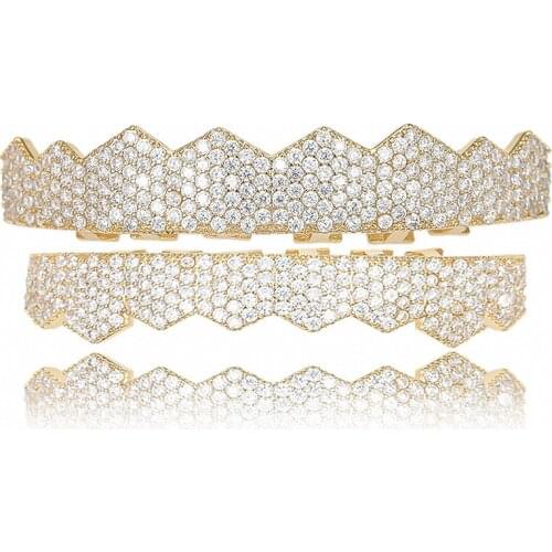 Hip hop Iced Out Gold Silver Color Teeth Grillz Micro Pave Cubic Zircon Top & Bottom Teeth Grills Set Hip Hop Men Jewelry Gifts