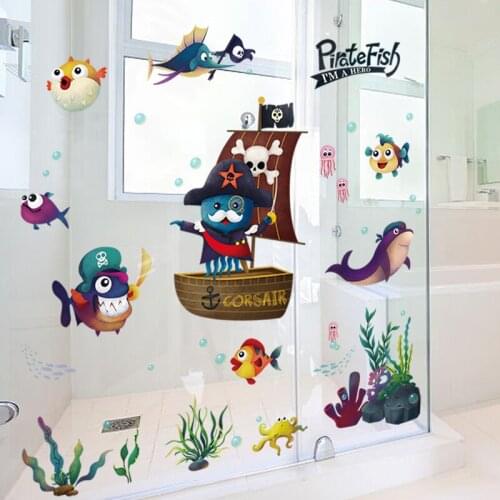 Cartoon Captain Cats Wall Stickers for Kids Room Bedroom Decoration Vinyl Wallpaper Fish World Bathroom Living Room Wall Decor