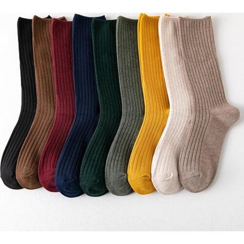 Cotton Crew Socks for Women 9 Solid Colors Black Beige Yellow Khaki Brown Double Needle Craft Casual Spring Summer Autumn Style