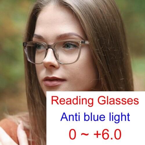 High-Grade Computer Glasses Anti Blue Light Square Reading Glasses Women Men Clear Gray Eyeglasses Frame Vintage Leesbril 0 +6.0