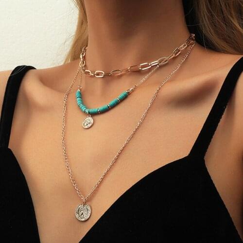 ORNAPEADIA 2021 Hot Sale Popular Exaggerated Layered Necklaces for Women Turquoise Bohemia Pendant Necklace Wholesale