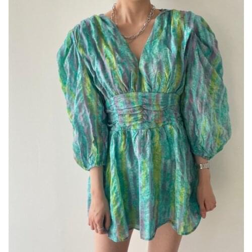 Korea Chic Summer French Retro V-Neck Tie-Dye Floral Color Waist Slimming Puff Sleeve Chiffon Dress Female