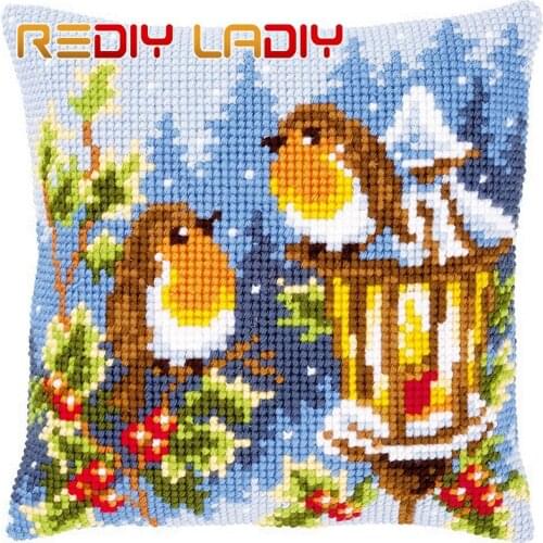 DIY Cross Stitch Cushion Snow Robins Chunky Yarn Cross-Stitch Kits Needlework Pre-Printed Canvas Pillow Home Decor Arts & Crafts