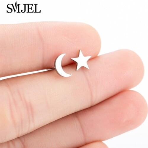 SMJEL Tiny Moon Star Stud Earrings Stainless Steel Everyday Teen Jewelry Earings Mothersday Celestial Birthday Gift Bijoux