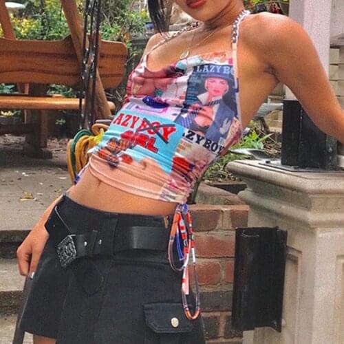 90s Vintage Printed Backless Chain Halter Tops Y2K Aesthetics Harajuku Backless Drawstring Bandage Crop Top Sexy Women Cami