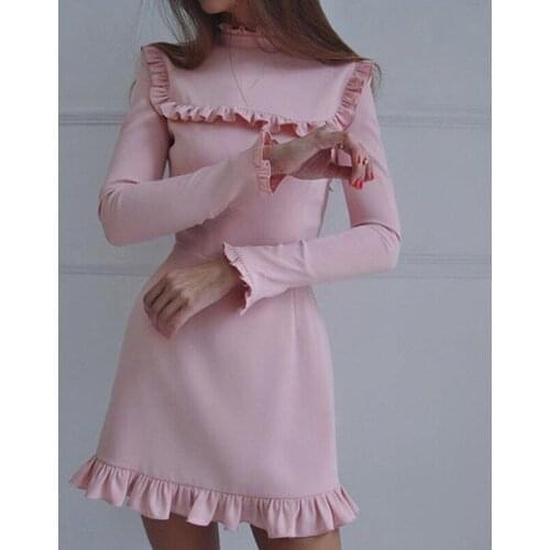 Spring Women Solid Ruffles Dress Casual Ruffles-Neck A-Line Dress Back Butterfly Sleeve Bodycon Party Dresses For Women