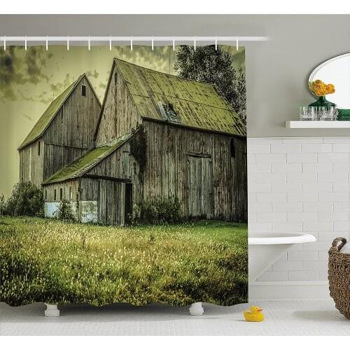 Country Shower Curtain Farmer Field Barn Warehouse Midwest American Style Antique Ancient Artwork Print Home Decor Bath Curtains