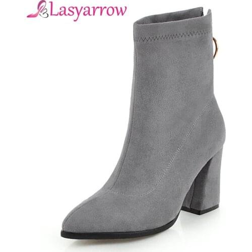 Lasyarrow Ankle Boots for Women Thick High Heels Pointed Toe Autumn Winter Womens Shoes Casual Ladies Zipper Botas Femininas