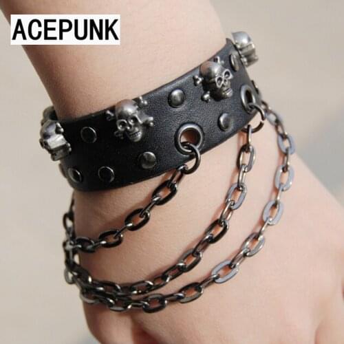 Punk Rivets Hand Chain Bracelets For Women Leather Bracelet Men Skeleton Skull Bangles Pulseira Masculina Bileklik Black Brown