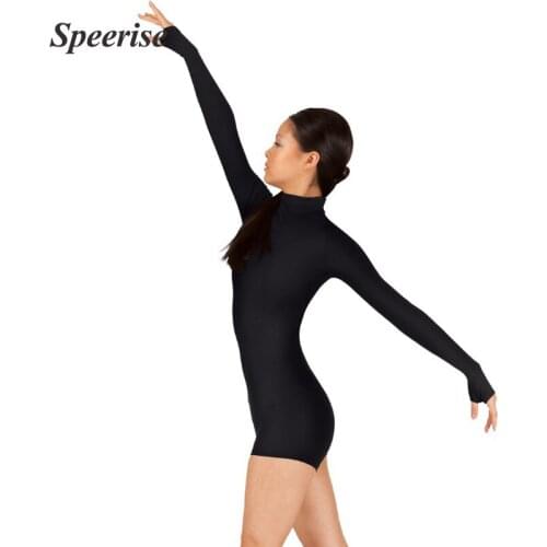 Women Dance Leotard Spandex Short Jumpsuit Long Sleeves with Thumb Hole Black Hip-lifting Bodycon Dance Clothes Skinny Catsuit