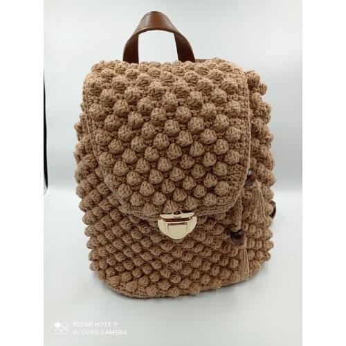 Handmade Knit Woman Backpack/Macrame Cotton Thread/Special Design/Popcorn Design Backpack/Size Medium/Crochet Backpack/Brown Bag