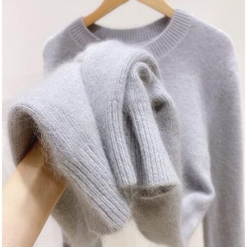 Women Natural Mink Cashmere Dress Above Knee Length Autumn Winter Wool Knitted Jumper Long Sleeves O-Neck Sexy Sweater wsr742