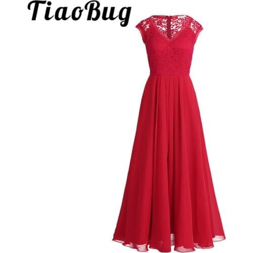 TiaoBug Elegant Women Ladies Sleeveless Chiffon V Neck Lace Bridesmaid Floor Length Long Dress Formal Occasion Prom Party Dress