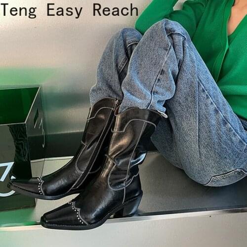 2021 Fashion Women Boots Split Leather Chelsea Boots Fall Shoes for Women Pointed Toe Chunky Heel Winter Boots Women Rivet Boots