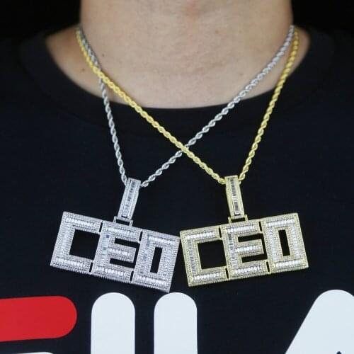 Gold silver color Rope Chain letter CEO Pendant Necklace Hip Hop Full 5A Cubic Zirconia CZ initial CEO charm Necklace For Men