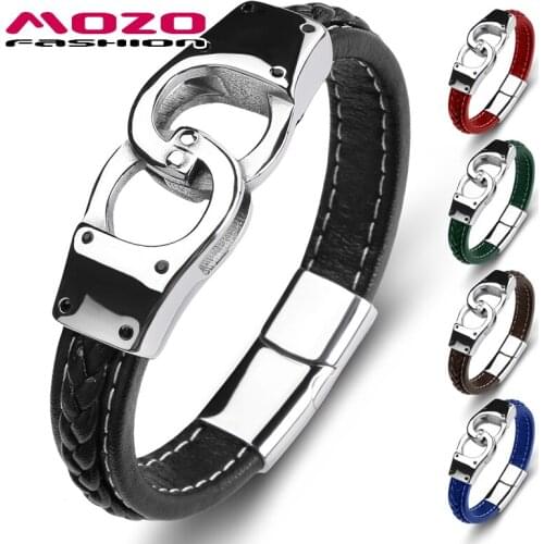Trendy Mens Bangles Genuine Leather Stainless Steel Charm Bracelet Womens High Quality Fashion Jewelry Black