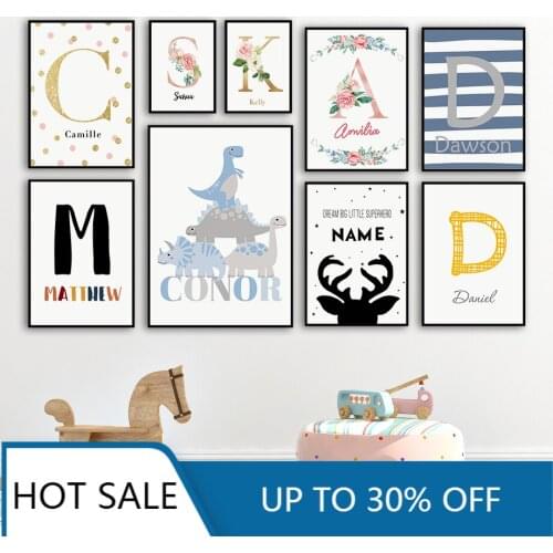 Cartoon Letter Flower Elk Dinosaur Custom Wall Art Canvas Painting Nordic Posters Prints Decor Pictures For Kids Room Decoration