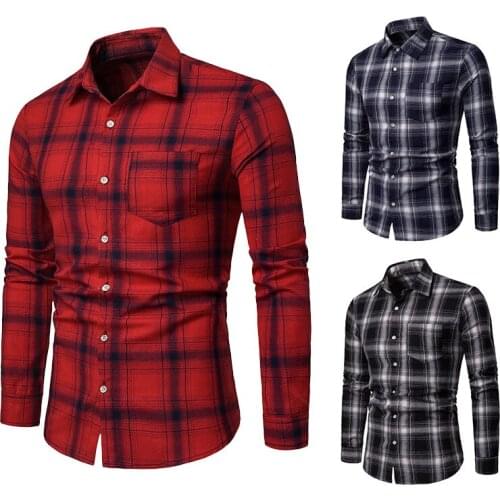 Mens Plaid Shirt Long Sleeve Turn Down Collar Cardigan Shirt with Pocket Smart Casual Single-Breasted Slim Type Tops