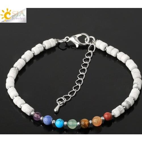 CSJA 7 Chakras Mens Natural Raw Stone Bracelet Healing Crystal Beads Howlite Green Aventurine Bracelets Women Fashion 2020 G543