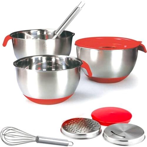 Stainless Steel Salad Mixer Bowls Set With Lids/Handle/Grater/Egg Beater, Kitchen Baking Non-Slip Mixing Bowl Food Container