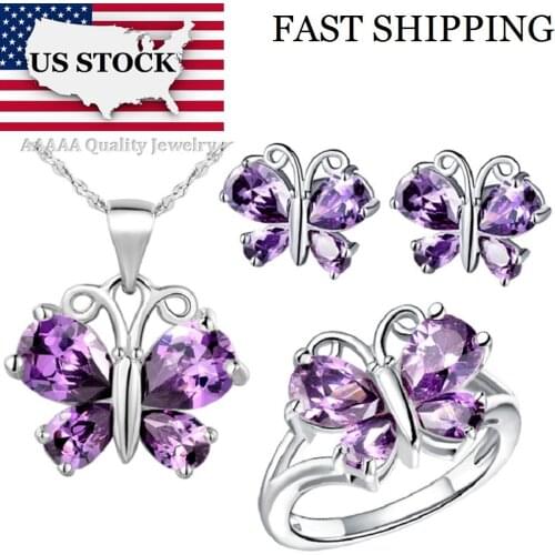 USA STOCK Uloveido Butterfly Silver Purple Crystal Party Bridal Jewelry Set Gift Wedding Sets Rings Necklace Earrings T235