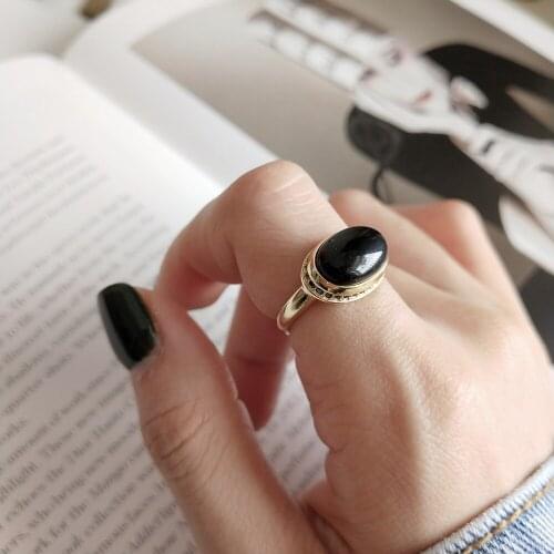 Punk Authentic S925 Sterling Silver Fine Jewelry Oval shape Black Agate Stone Open rings adjust J405