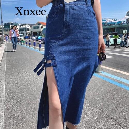 Casual High Waist Women Jean Skirt Streetwear Skinny Female Denim Skirt Long Sexy Md Calf Blue Zipper Hight Waist Vintage