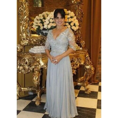 Silver Gray Half Sleeve Mother Of Bride Dresses Long Beads Appliques Chiffon Evening Gowns Party Customize Wedding Guest Dress