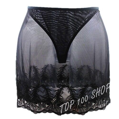 Sexy G-string with Knee-Length Straight Skirts Womens Transparent Gauze Thongs Peacock Print Briefs Bows Decoration High Quality