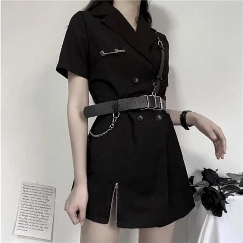 Summer Ins Wind Retro Dark Womens Double-breasted Short-sleeved Gothic Dress Little Black Dress Met Robes Y2k Sexy Dress Fajas