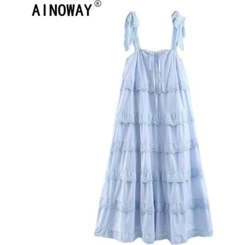 Vintage chic Women sleeveless strap ruffles big swing beach Bohemian happie dresses Ladies cotton pleated Maxi dress vestidos