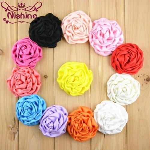 Nishine 20pcs/lot 3" Large Rose Buds Satin Fabric Flowers For Girls Women Headband Hair Clips Hair Accessory 25 Colors