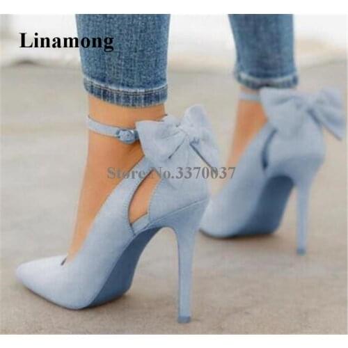 Women Sweet Western Style Pointed Toe Suede Leather Butterfly-tie Stiletto Heel Pumps Cut-out Ankle Strap High Heels Dress Shoes