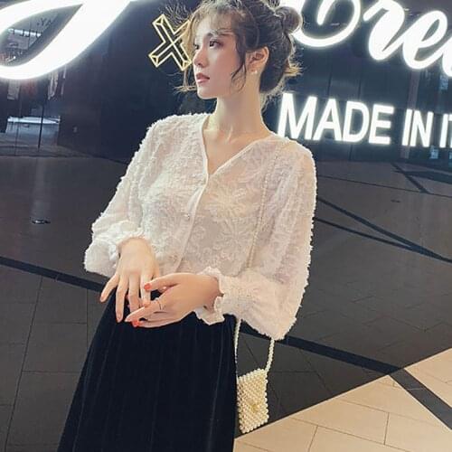 Spring Autumn Style Women Chiffon Blouses Shirts Lady Casual Long Sleeve Feather Decor V-Neck Blusas Tops DD8947