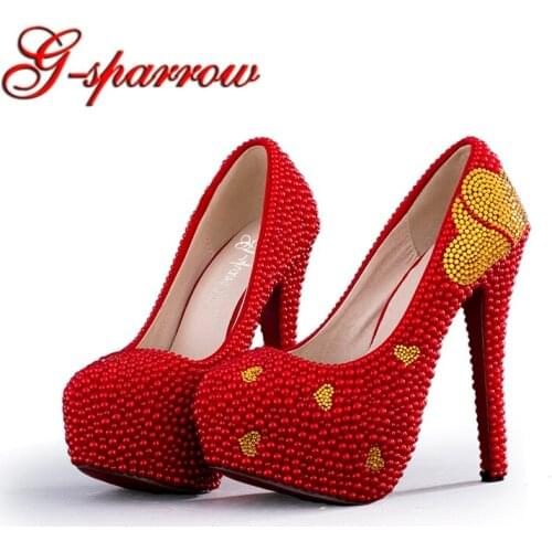 Red Imitation Pearl Wedding Shoes with Gold Rhinestone Heart Woman Bridal Shoes Thin Heels Annversary Ceremony Party Shoes