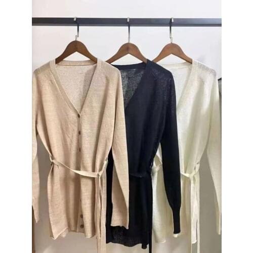 Women V-Neck 100% Linen Knitted Cardigan 2021 New Waist Lace-Up Single-Breasted Sweater Knitwear Mid-Length Outwear Tops
