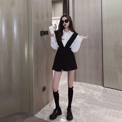 Female Autumn and Winter Korean Style White Shirt + Fashion Suspender Skirt Two-piece Suit