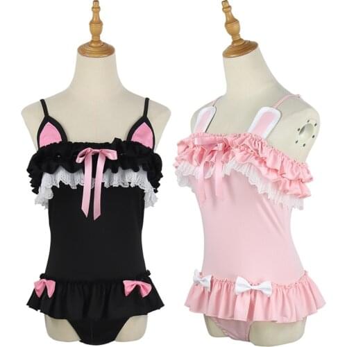 Women Girl Kawaii Bunny Ear Swimsuit Anime Cute Girl Pink Ruffled Beach One-piece Cosplay Costumes